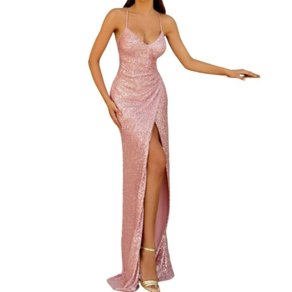 Clarisse Glitter Corset Lace Up Back High Leg Slit Gown Rose Pink Size 2 NWT